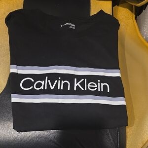 Mens Calvin Klein Black Tee with White and Gray Stripes